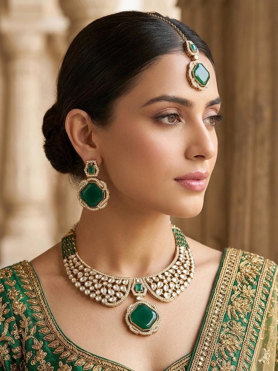ROHIKA Emerald green colour hasli style kundan necklace set with maangtika, Indian  pakistani traditional and festive jewelery