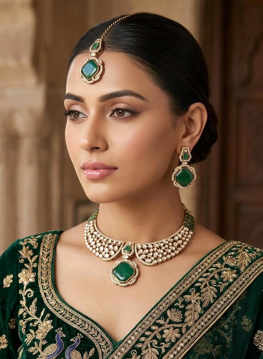 ROHIKA Emerald green colour hasli style kundan necklace set with maangtika, Indian  pakistani traditional and festive jewelery
