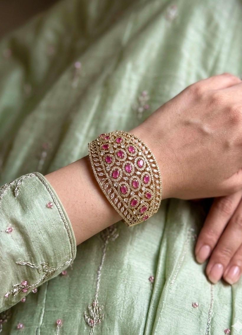 TIA pinkish red stones bracelet in antique golden polish,cz zircon openable  bracelet,American diamond pink colour bangle bracelet