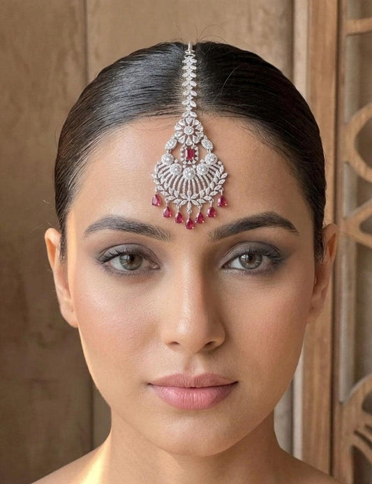 AMELIA Diamond look Maang tikka in red colour/Indian Jewellery/Pakistani Bridal maangtika/ hair accessories/cz maangtika