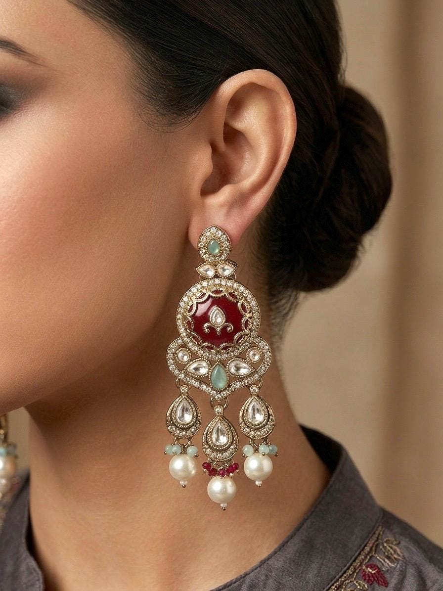 TAIMA Royal look Ruby red and mint enamel and pearl chandbali earrings, Indian Pakistani meenakari jewelry