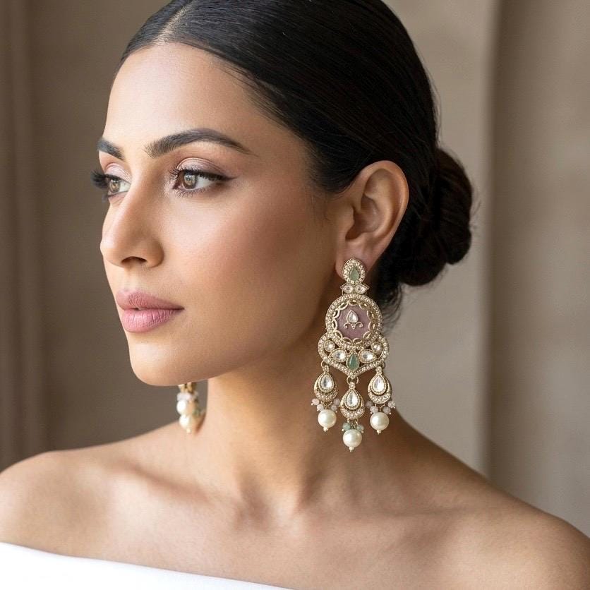 TAIMA Royal look mint pink and golden enamel and pearl chandbali earrings, Indian Pakistani meenakari jewelry