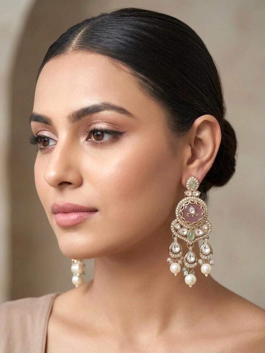 TAIMA Royal look mint pink and golden enamel and pearl chandbali earrings, Indian Pakistani meenakari jewelry