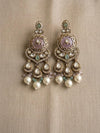 TAIMA Royal look mint pink and golden enamel and pearl chandbali earrings, Indian Pakistani meenakari jewelry