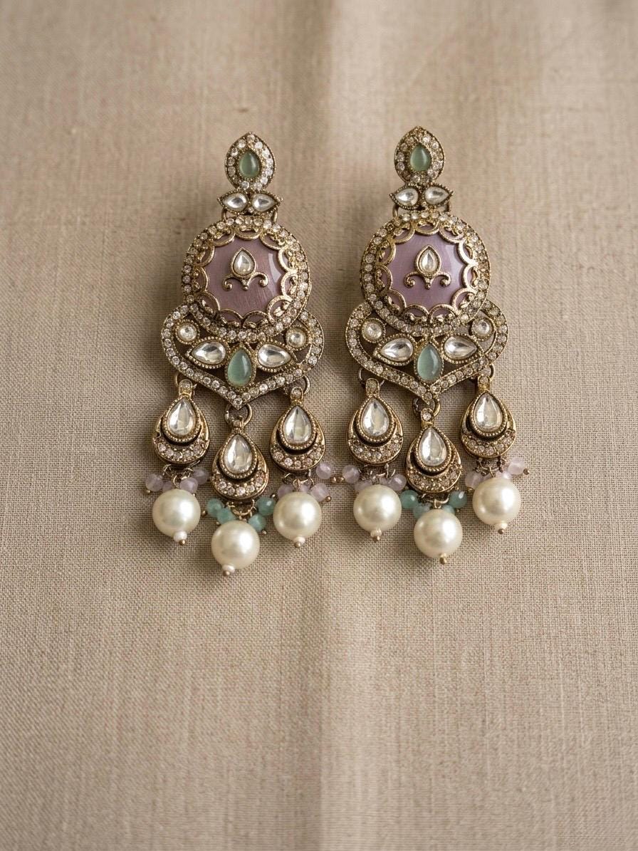 TAIMA Royal look mint pink and golden enamel and pearl chandbali earrings, Indian Pakistani meenakari jewelry