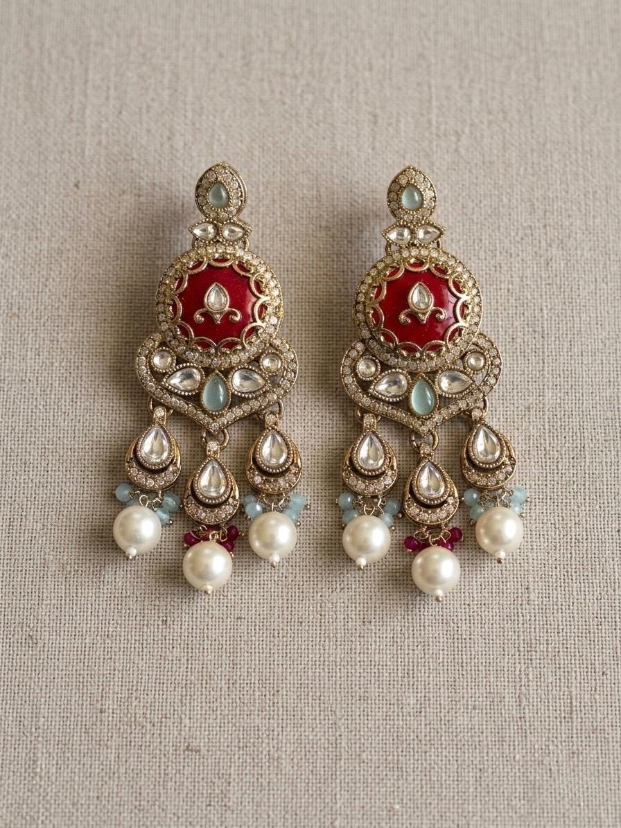 TAIMA Royal look Ruby red and mint enamel and pearl chandbali earrings, Indian Pakistani meenakari jewelry