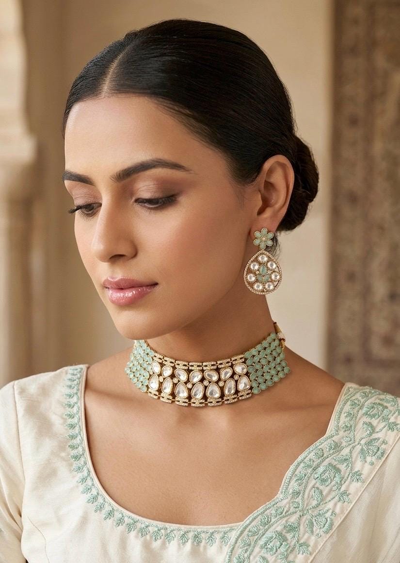 KUSUM Mint kundan and polki Choker necklace with matching earrings ,Indian Pakistani wedding and festive jewelry