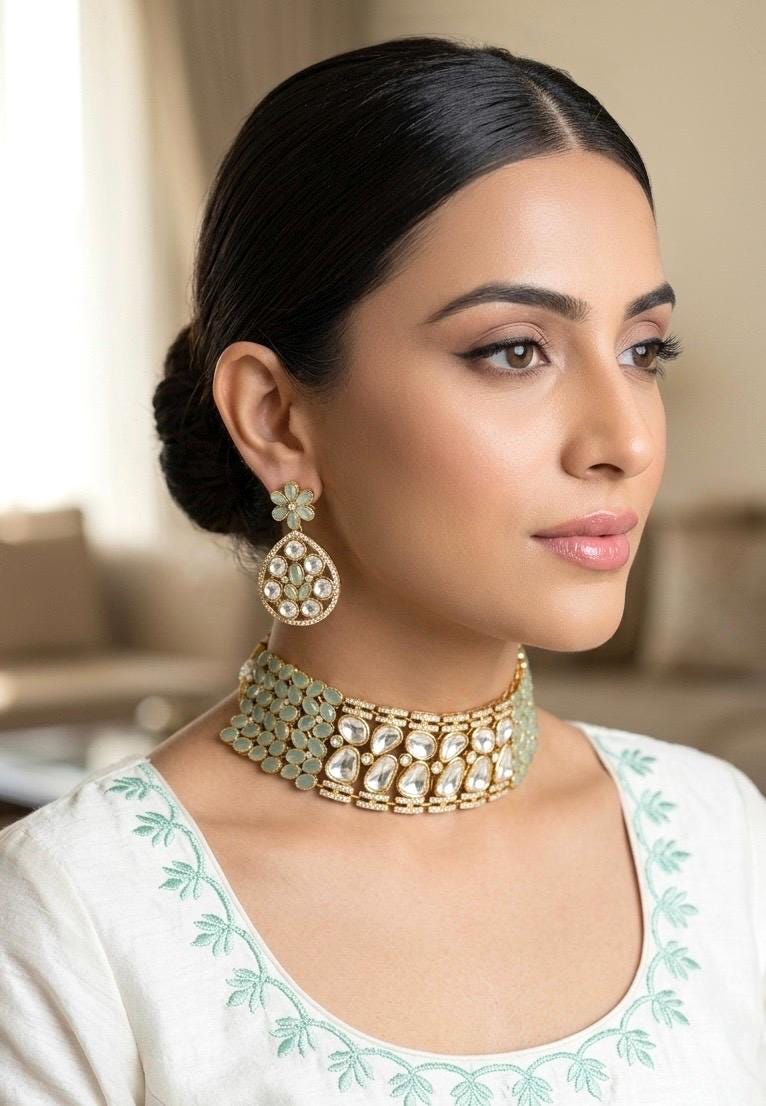 KUSUM Mint kundan and polki Choker necklace with matching earrings ,Indian Pakistani wedding and festive jewelry