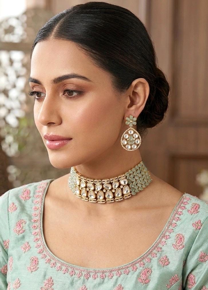KUSUM Mint kundan and polki Choker necklace with matching earrings ,Indian Pakistani wedding and festive jewelry