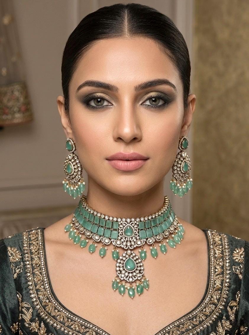 MIRIN Sabyasachi inspired Mint choker set, Victorian style kundan necklace set in doublet stone, Indian Pakistani wedding jewelry