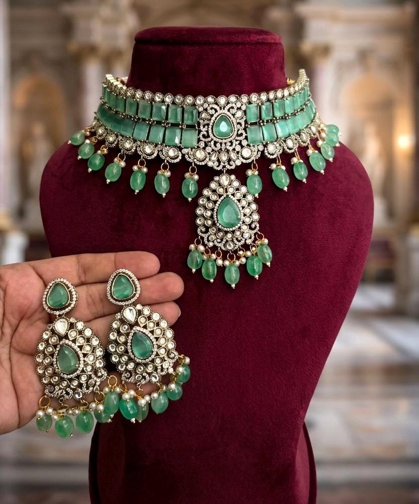 MIRIN Sabyasachi inspired Mint choker set, Victorian style kundan necklace set in doublet stone, Indian Pakistani wedding jewelry