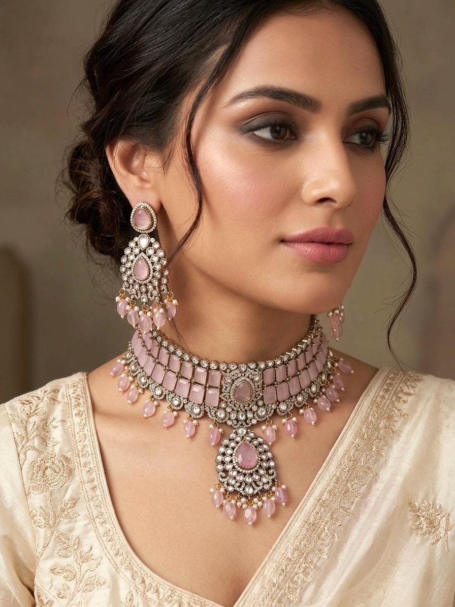 MIRIN Sabyasachi inspired Pink choker set, Victorian style kundan necklace set in doublet stone, Indian Pakistani wedding jewelry