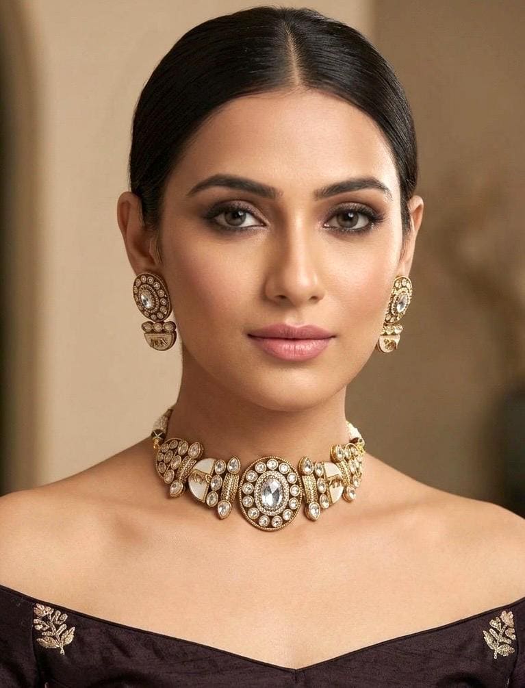NIYA Sabyasachi inspired clear stones kundan choker with Earrings, Indian Pakistani traditional wedding jewelry,colourless necklace set