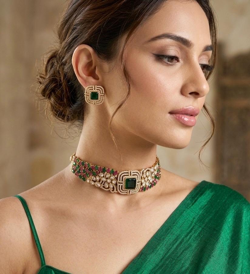 SHAZA Ruby green Victorian style  kundan choker set,cz Indian Pakistani wedding and festive jewelry