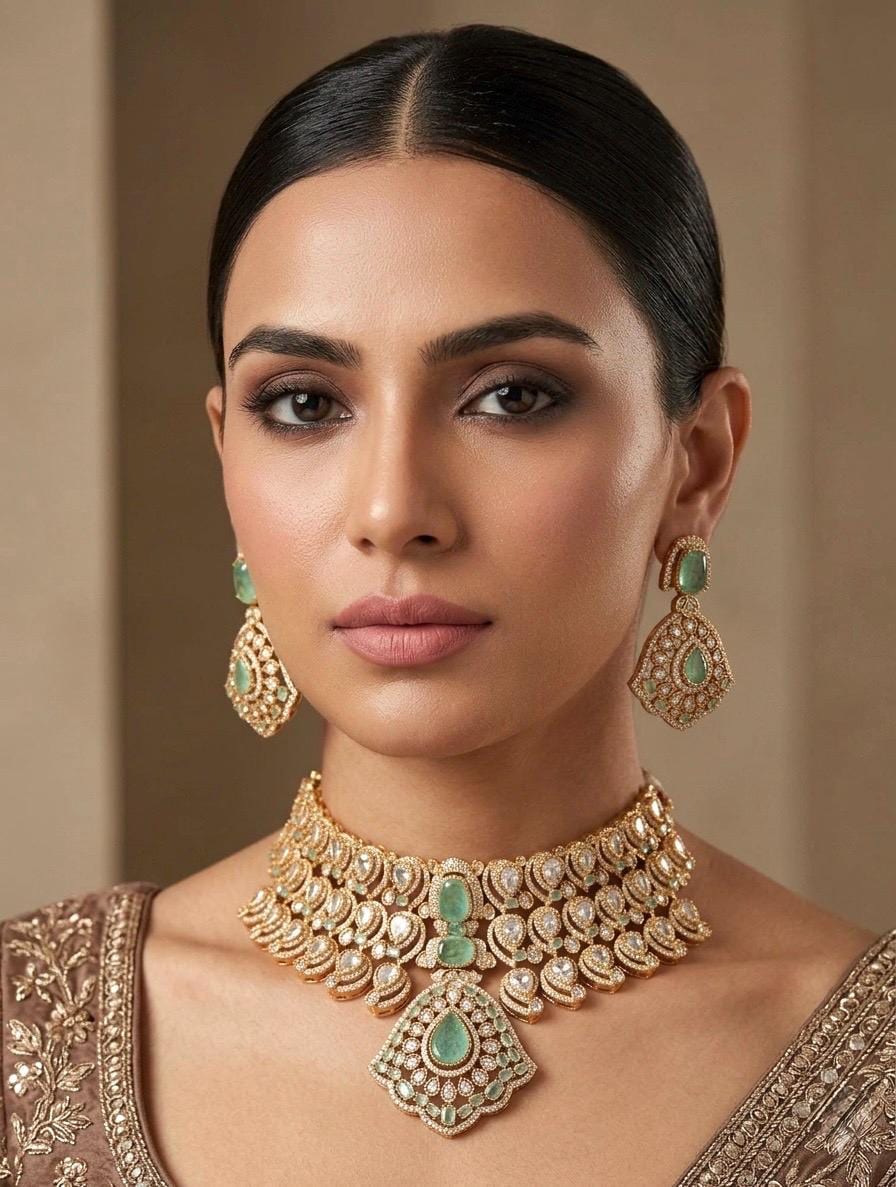 SABEEN Mint green Doublet Stone kundan Necklace choker Set  Earrings,moissanite kundan Indian Pakistani wedding bridal  jewelry