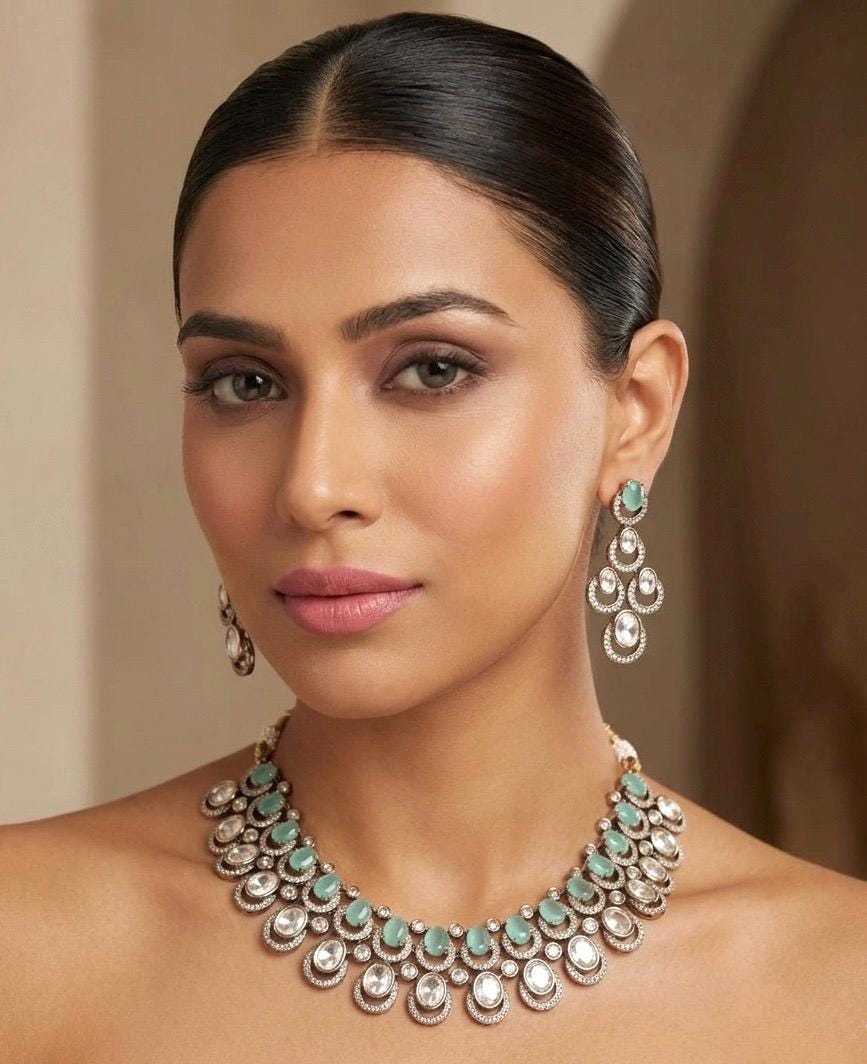MUGDHA Mint colour Premium quality Moissanite and kundan Necklace set ,indian Pakistani wedding jewelry, Victorian style mint green jewelry