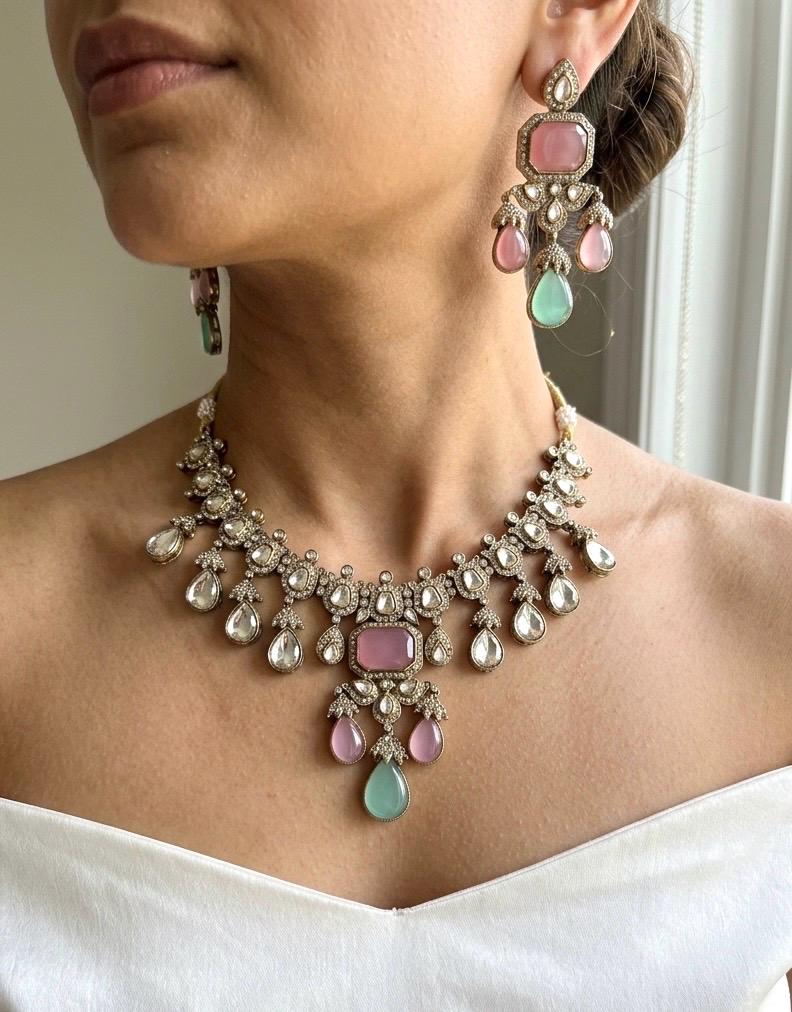 ZEINAB mint pink cz Kundan and moissanite replica choker necklace set in antique golden , Indian Pakistani Victorian style jewelry
