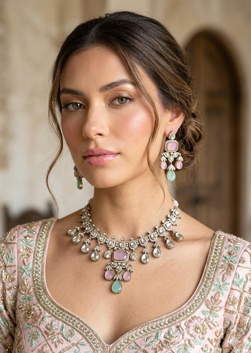 ZEINAB mint pink cz Kundan and moissanite replica choker necklace set in antique golden , Indian Pakistani Victorian style jewelry