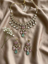 ZEINAB mint pink cz Kundan and moissanite replica choker necklace set in antique golden , Indian Pakistani Victorian style jewelry