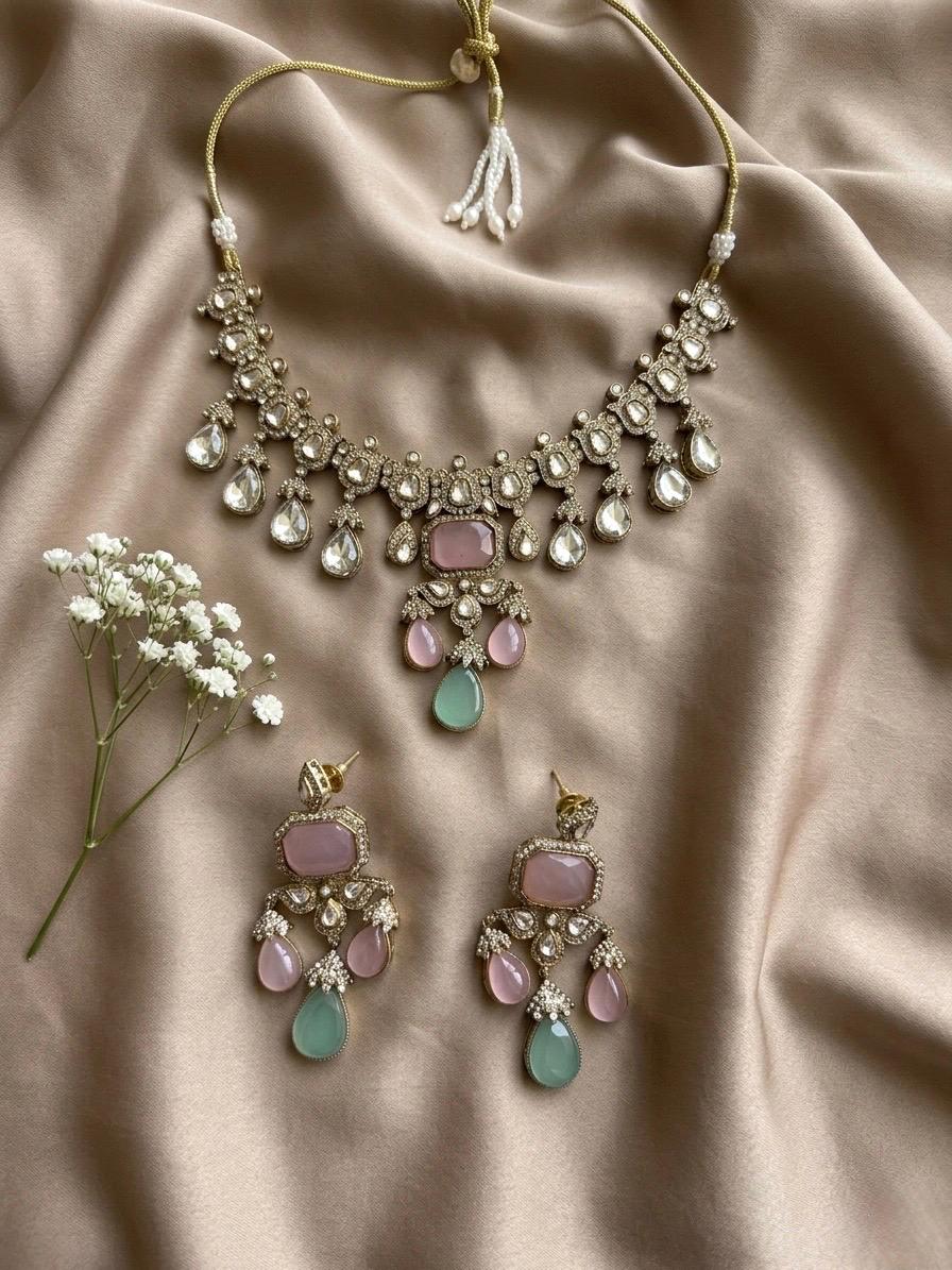 ZEINAB mint pink cz Kundan and moissanite replica choker necklace set in antique golden , Indian Pakistani Victorian style jewelry