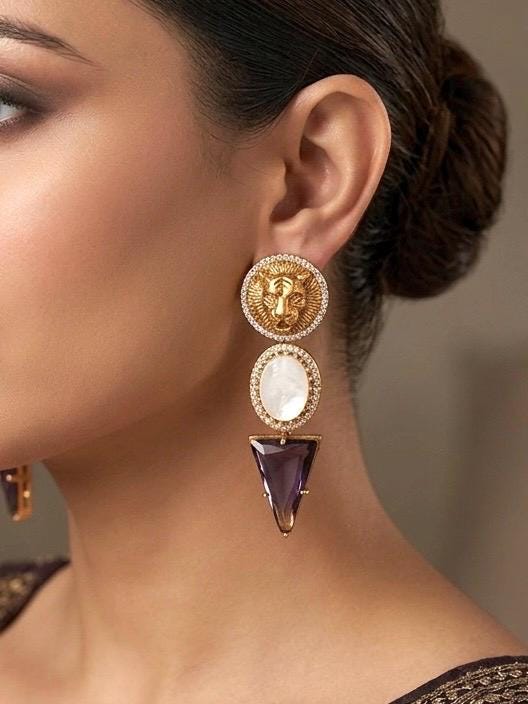 CLEO Sabyasachi inspired translucent purple earrings ,amethyst matt gold finish and mother of pearl stones,Indian fusion earrings,