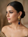 NORA Sabyasachi inspired deep Royal blue earrings in matt golden finish, Indian fusion earrings in blue colour, indian fusion jewelry