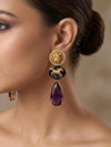 NORA Sabyasachi inspired amethyst purple earrings in matt golden finish, Indian fusion earrings in purple colour, indian fusion jewelry