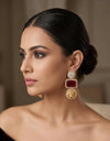 MIA Sabyasachi inspired ruby red earrings in antique gold matt finish , Indian fusion earrings , indo western jewelry