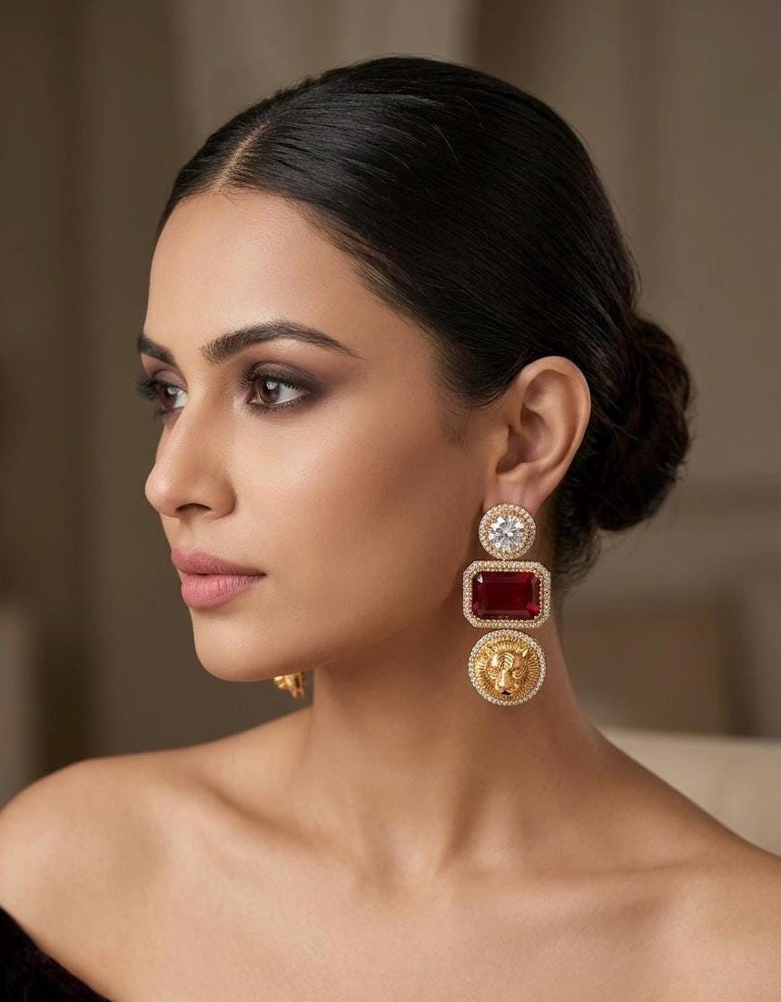 MIA Sabyasachi inspired ruby red earrings in antique gold matt finish , Indian fusion earrings , indo western jewelry