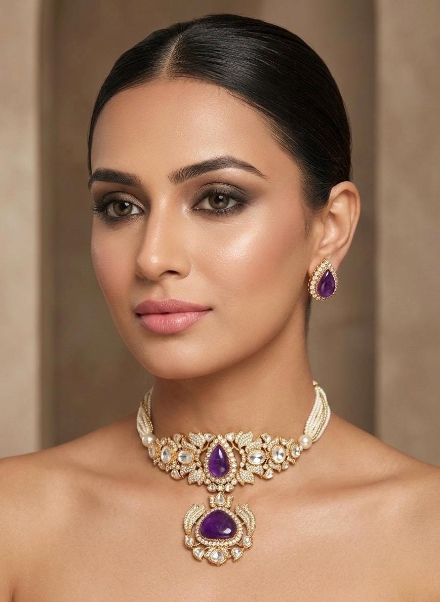 KOMAL Victorian look Purple Doublet Stone kundan Necklace Set with Earrings,,Indian Pakistani wedding and festive jewelry