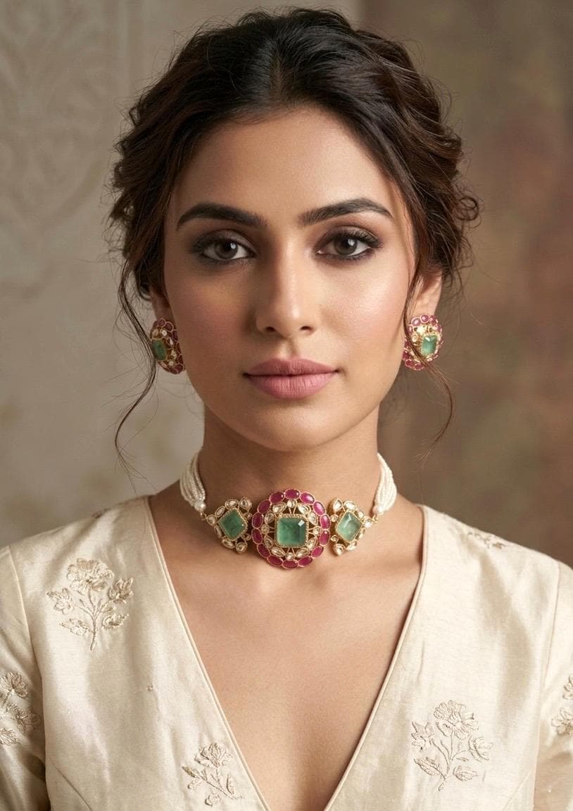 SAADIYA Premium quality soft mint and deep ruby pink colour kundan and polki choker necklace set in doublet stone, Indian pakistani jewelery