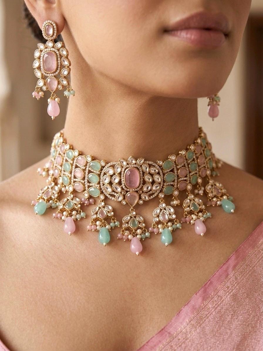 IVARA Pink mint kundan choker necklace set,Indian Pakistani pink mint colour wedding bridal and festive jewelery