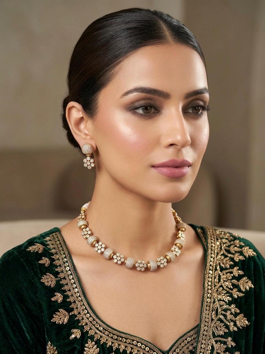 ESHAL clear stones cz zircon sleek necklace with matching earrings, Indian ethnic jewelry in matt gold polish