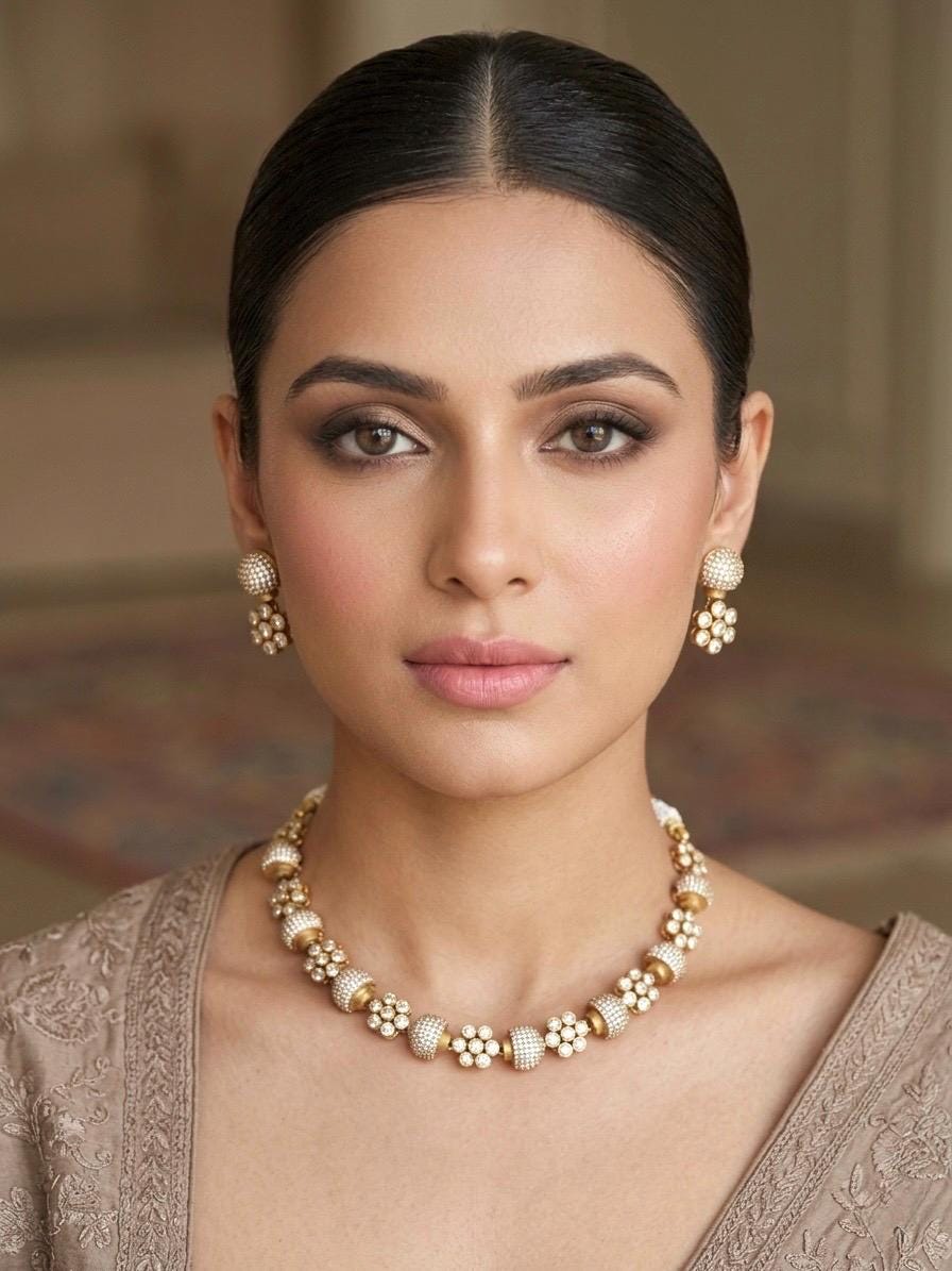 ESHAL clear stones cz zircon sleek necklace with matching earrings, Indian ethnic jewelry in matt gold polish