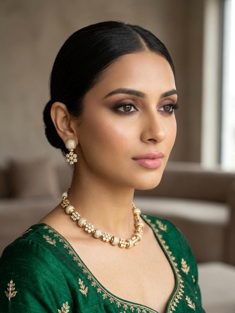ESHAL clear stones cz zircon sleek necklace with matching earrings, Indian ethnic jewelry in matt gold polish