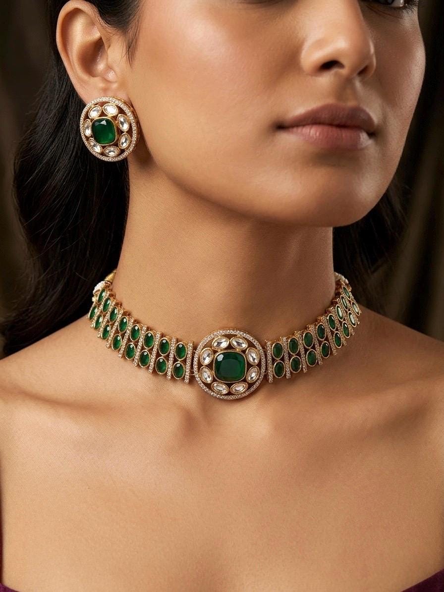 KAYNA Emerald green kundan choker necklace set,Indian Pakistani green colour wedding bridal and festive jewelery