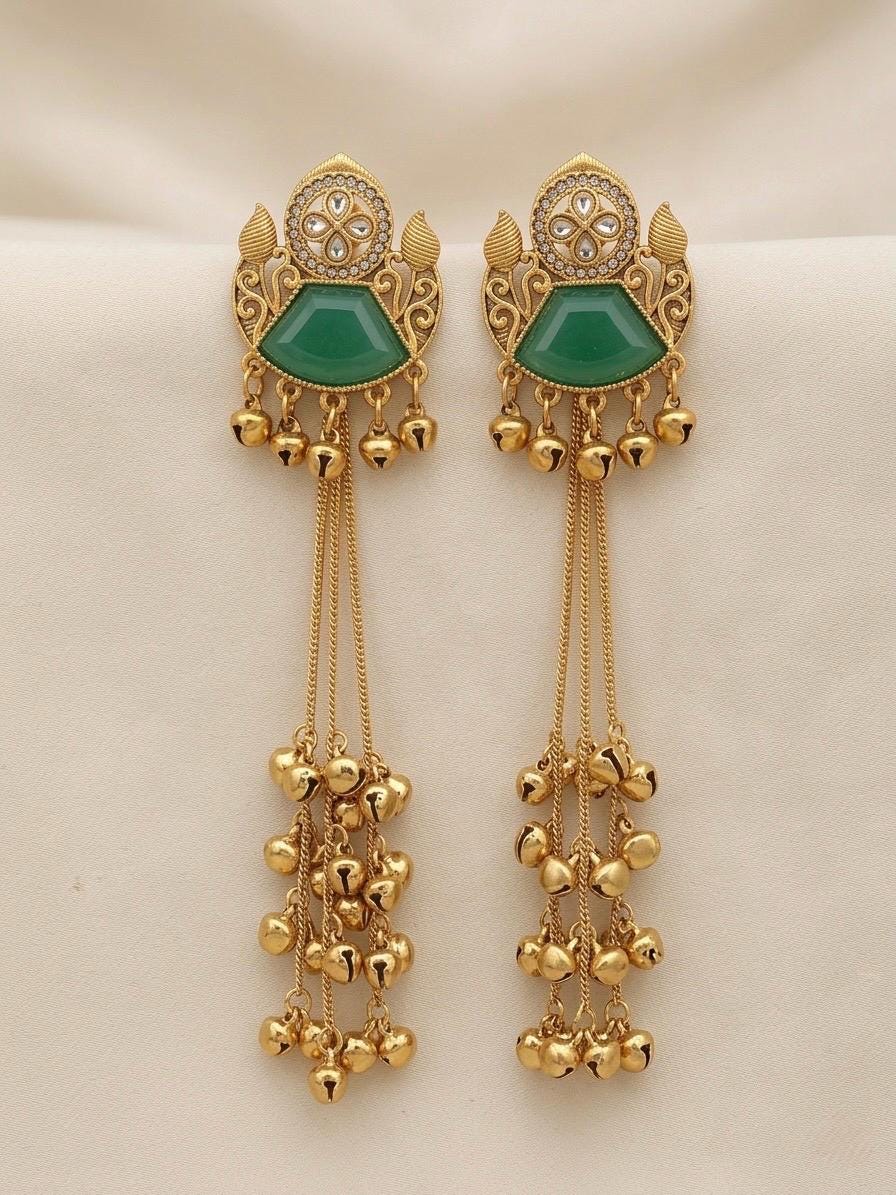 CLEO mint green and golden Ghunghroo earrings, Kashmiri long statement earrings, Indian Pakistani ethnic tradition wedding jewelry
