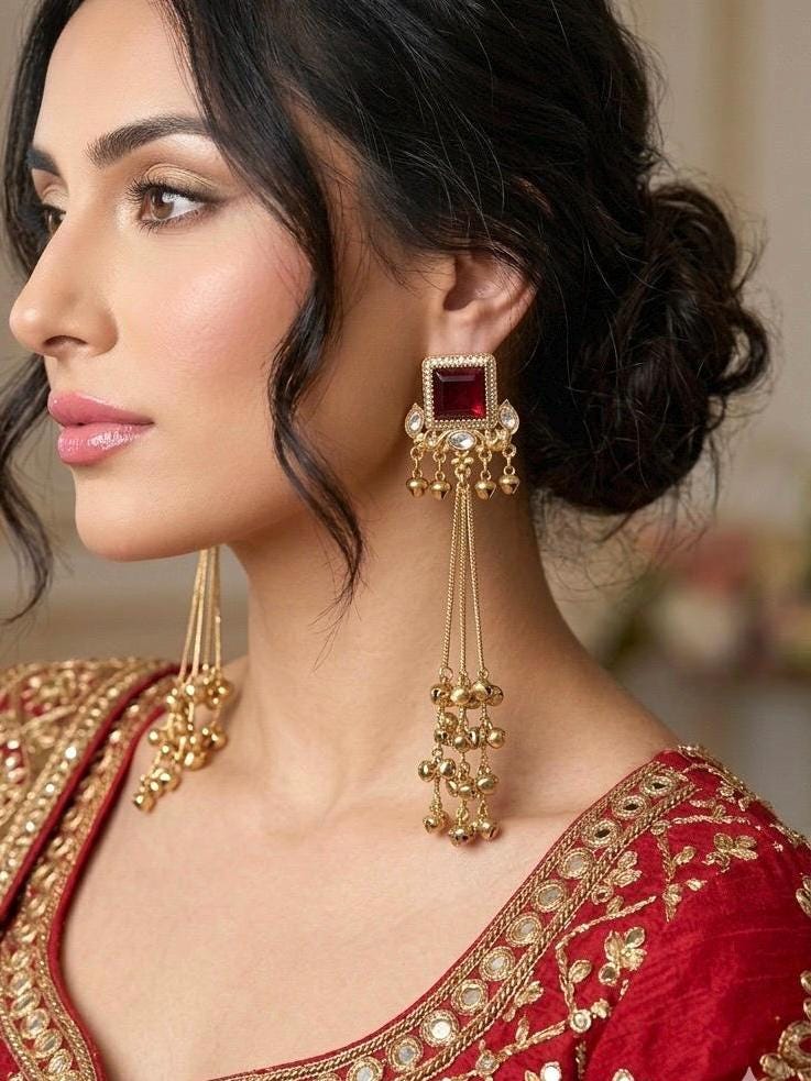 TIA Ruby red and golden Ghunghroo earrings, Kashmiri long statement earrings, Indian Pakistani ethnic tradition wedding jewelry