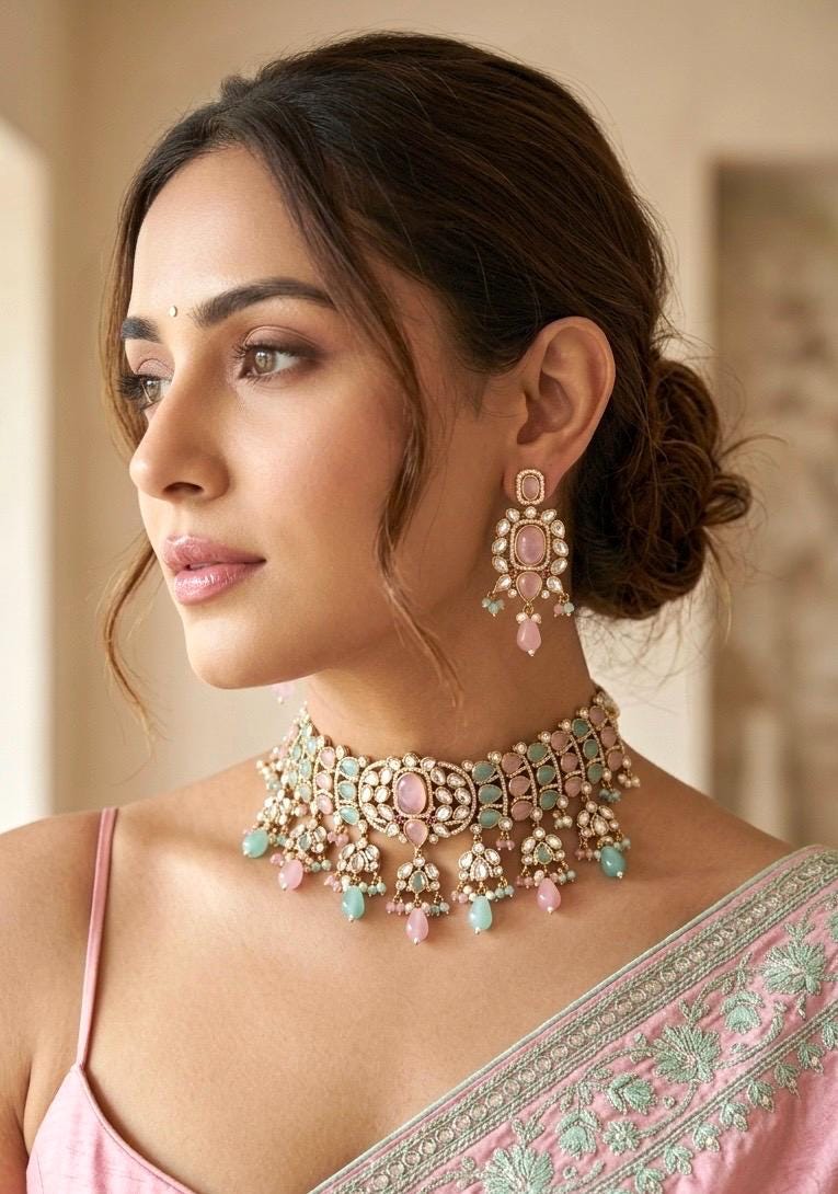 IVARA Pink mint kundan choker necklace set,Indian Pakistani pink mint colour wedding bridal and festive jewelery