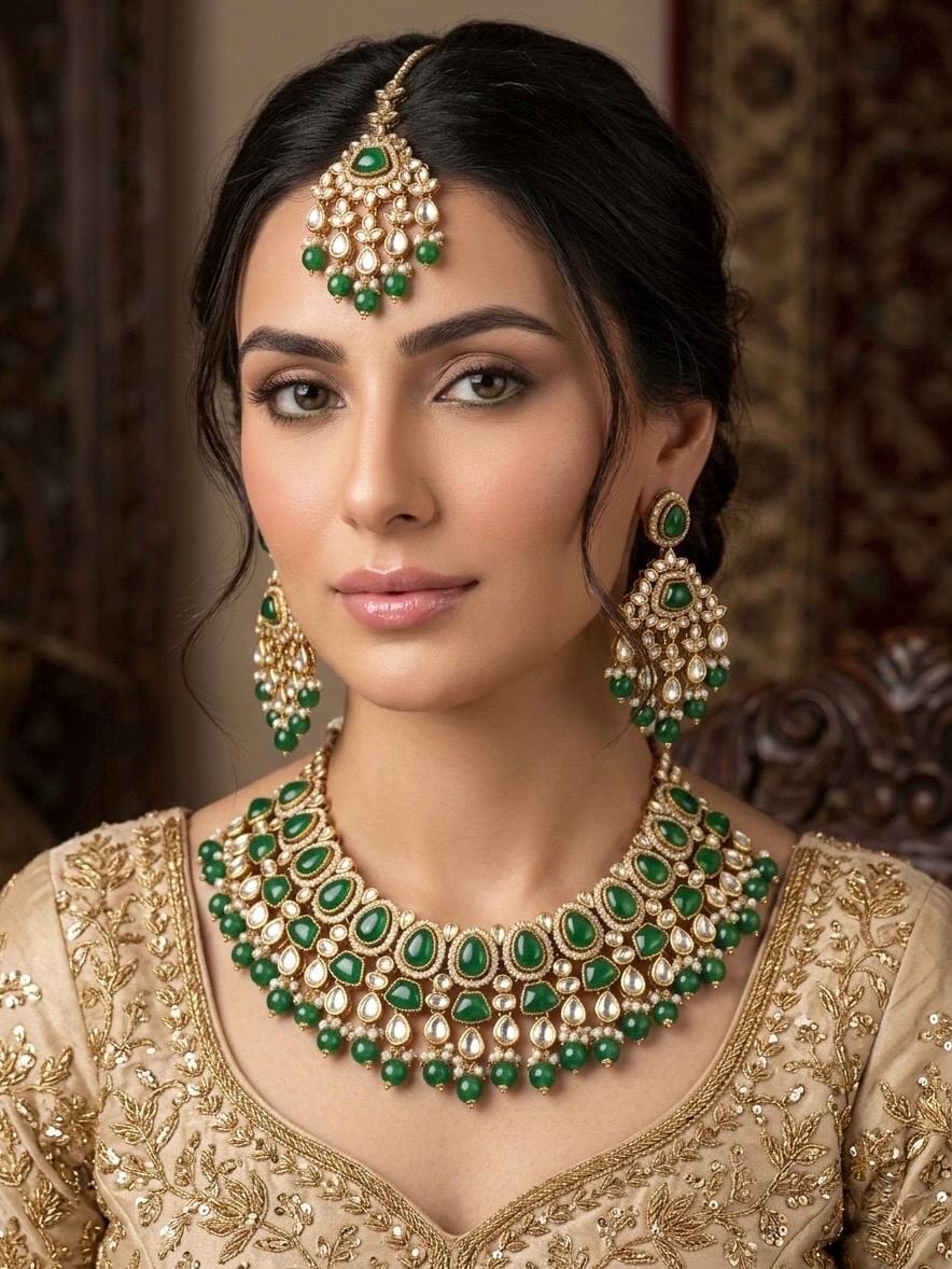 SHAINAZ Green kundan necklace set, Indian pakistani nikaah jewellery, bollywood, green colour wedding bridal jewelry, maangtika included