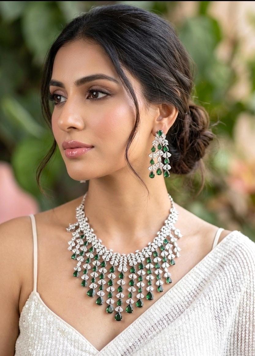 ZAINAB Emerald green necklace set,American Diamond  necklace earrings set Indian bridal wedding jewelry,Pakistani jewellery,green colour