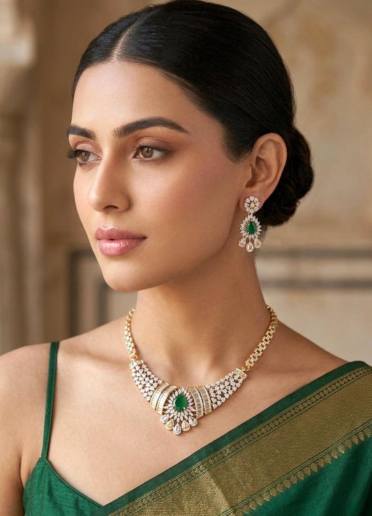 SAHAR Emerald Green cz Real diamond look gold silver finish American Diamond Necklace Set, Indian Pakistani  wedding and festive jewelry