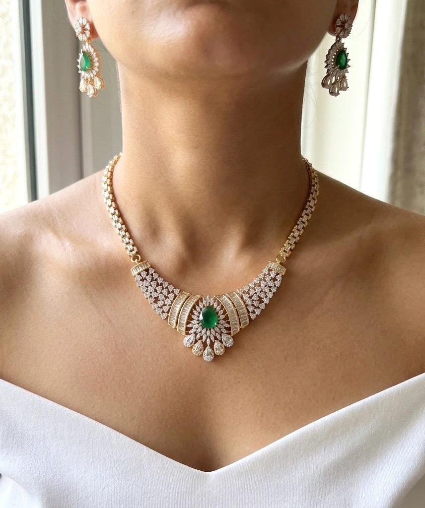 SAHAR Emerald Green cz Real diamond look gold silver finish American Diamond Necklace Set, Indian Pakistani  wedding and festive jewelry