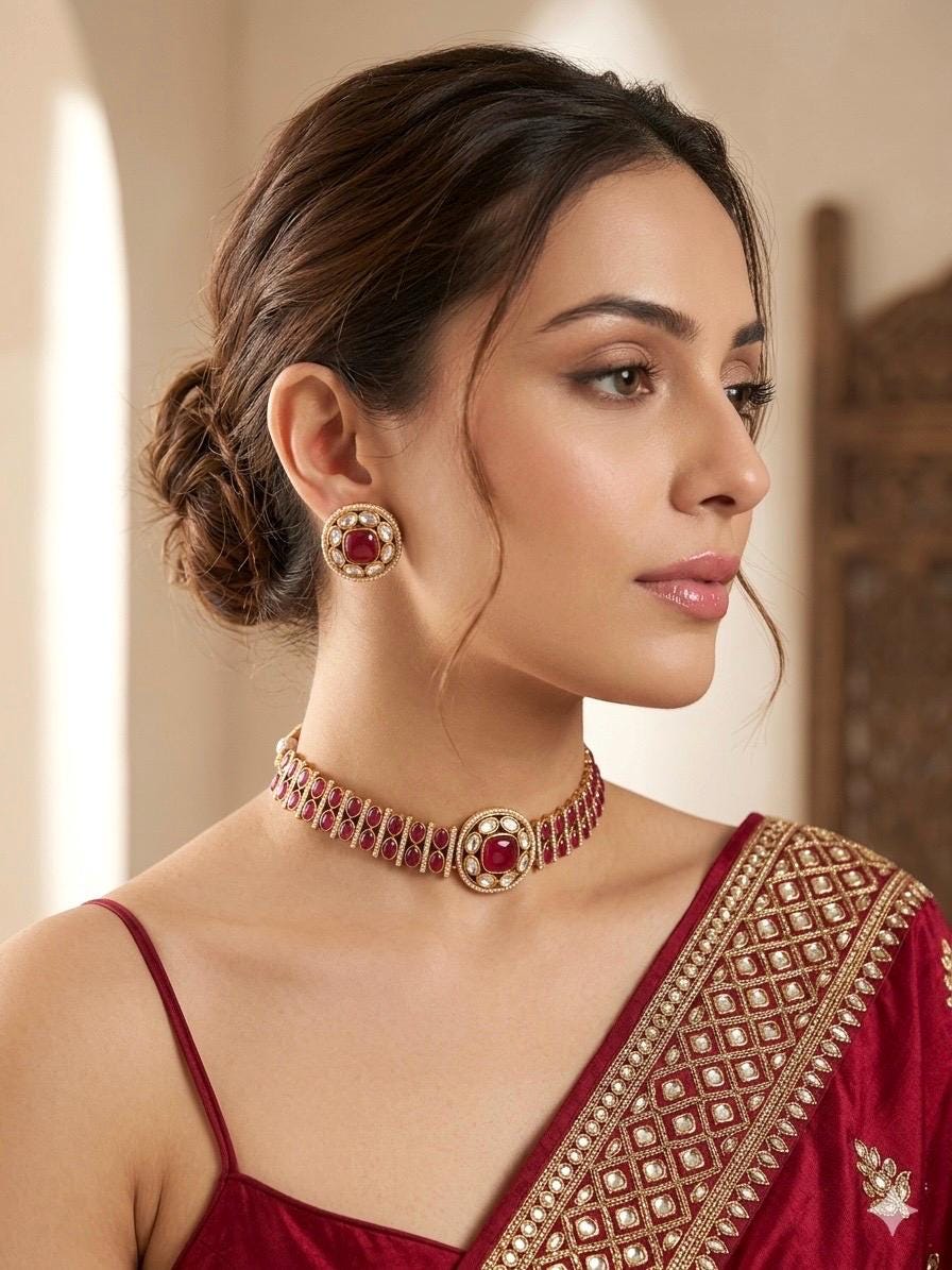KAYNA Ruby red kundan choker necklace set,Indian Pakistani red colour wedding bridal and festive jewelery