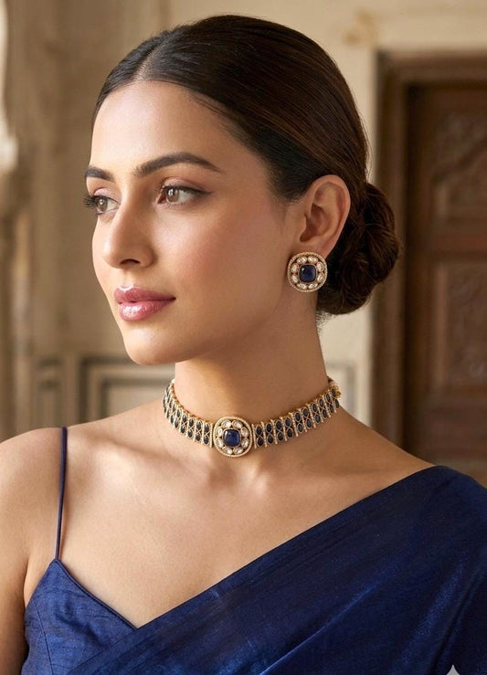 KAYNA Navy blue kundan choker necklace set,Indian Pakistani blue colour wedding bridal and festive jewelery
