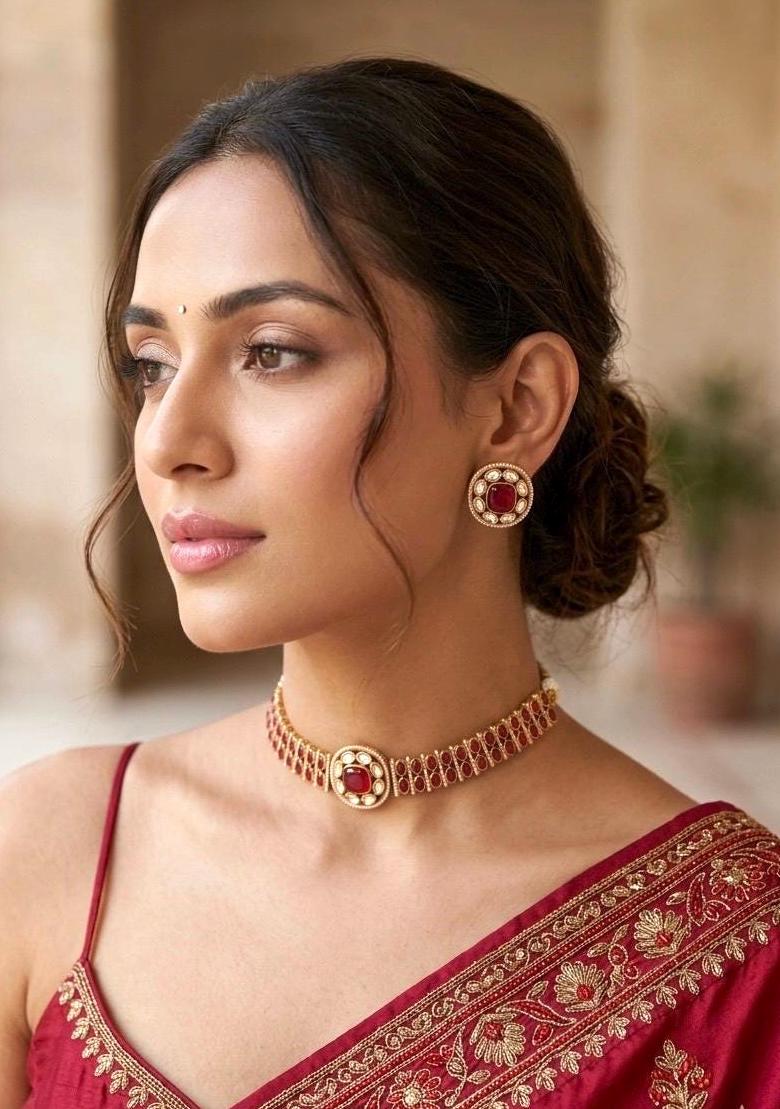 KAYNA Ruby red kundan choker necklace set,Indian Pakistani red colour wedding bridal and festive jewelery