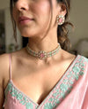 KAYNA Pink mint kundan choker necklace set with matching earrings ,Indian Pakistani wedding and festive jewelery