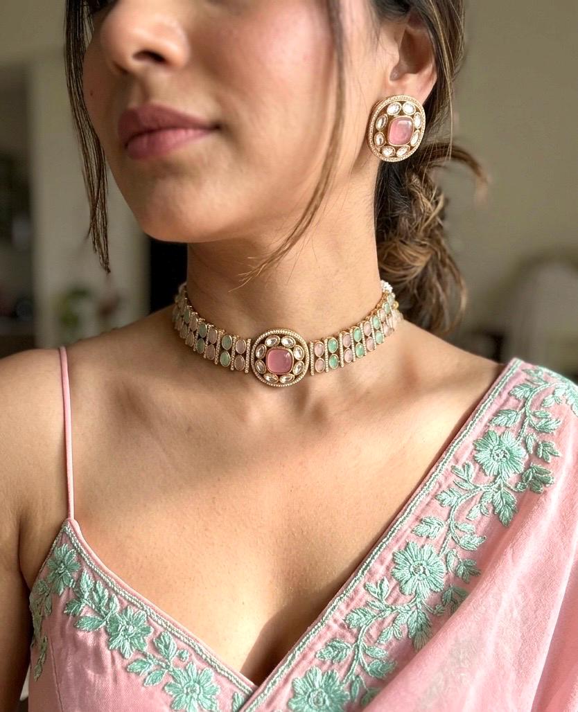 KAYNA Pink mint kundan choker necklace set with matching earrings ,Indian Pakistani wedding and festive jewelery