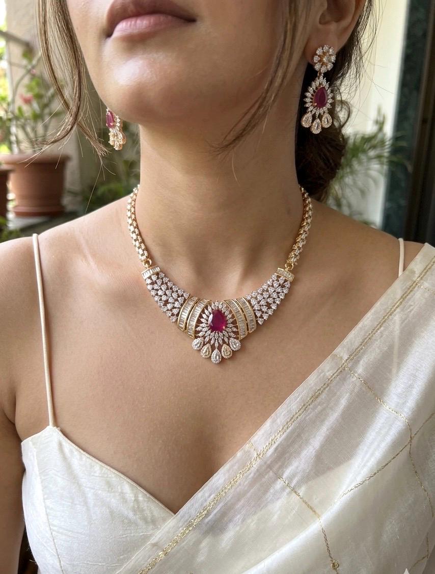 SAHAR Ruby cz Real diamond look gold silver finish American Diamond Necklace Set/Pakistani bridal wedding jewelry,Indian  elegant jewellery