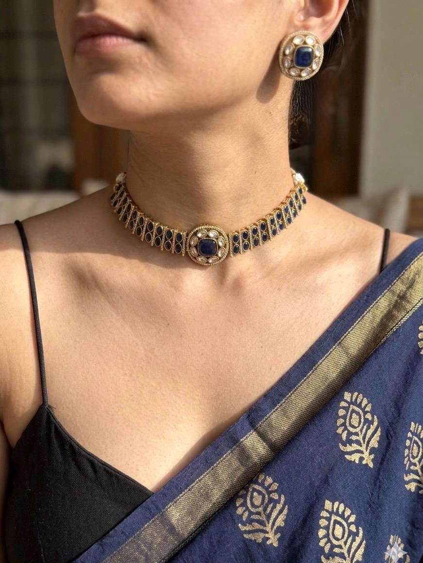 KAYNA Navy blue kundan choker necklace set,Indian Pakistani blue colour wedding bridal and festive jewelery
